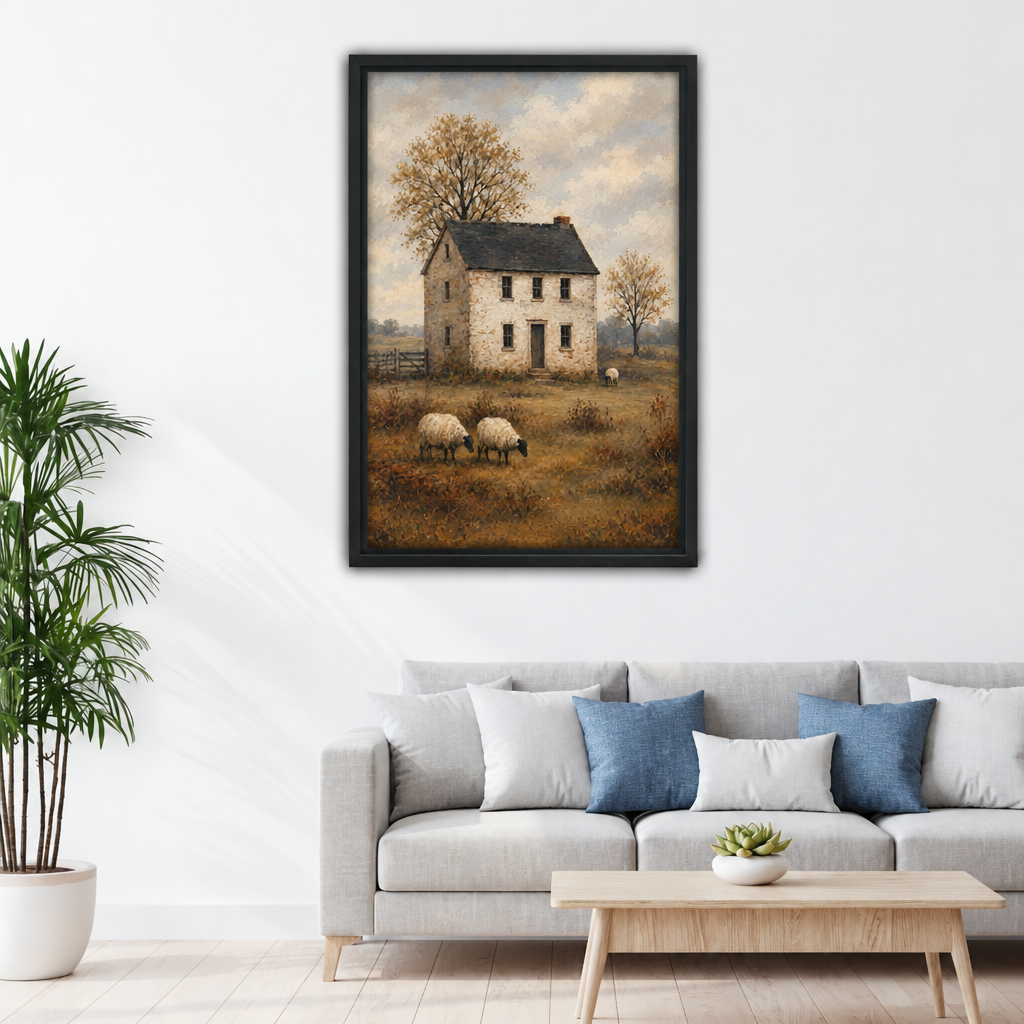 Rustic sheep farmhouse canvas wall art above a bedroom bed, adding quiet countryside charm with autumn fields and sheep.