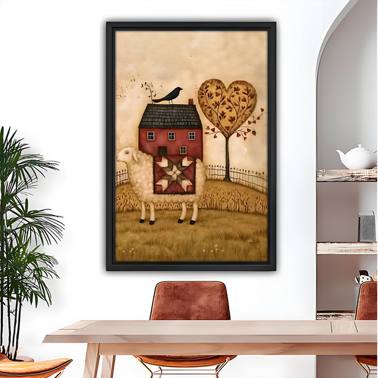 Rustic sheep farmhouse canvas wall art in a black frame above a dining table with plants.