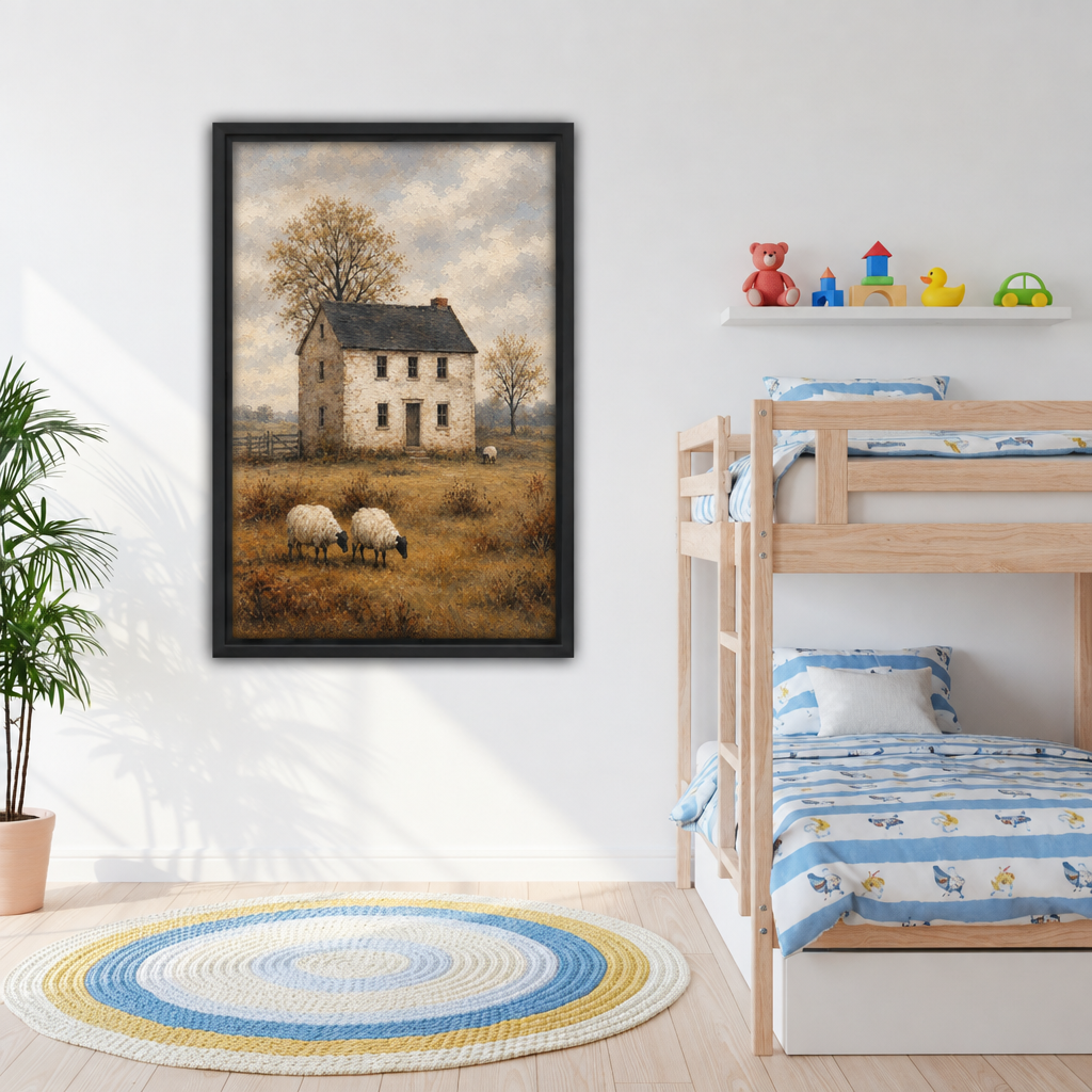 Close-up rustic sheep farmhouse canvas wall art showing a stone cottage, bare trees, textured fields, and grazing sheep.