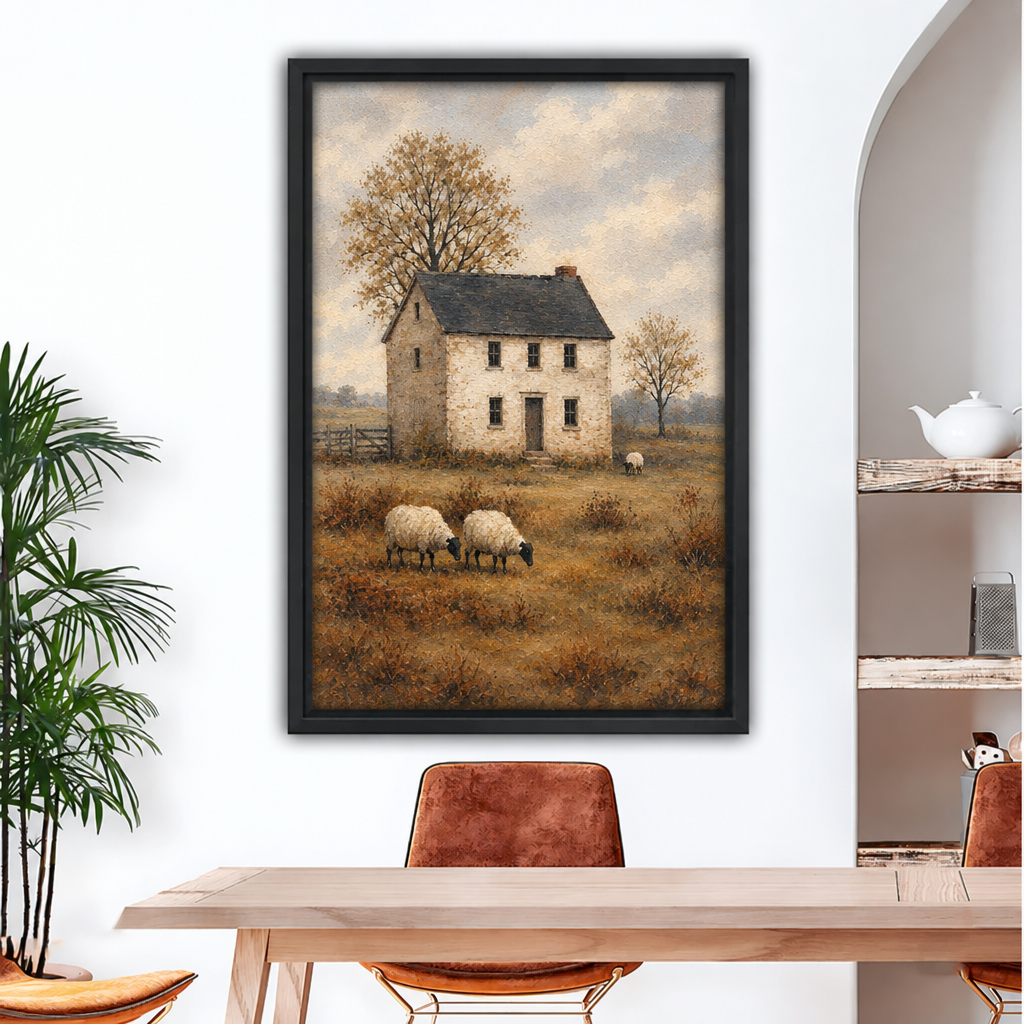 Rustic sheep farmhouse canvas wall art showing a stone cottage, grazing sheep, muted fields, and autumn trees.