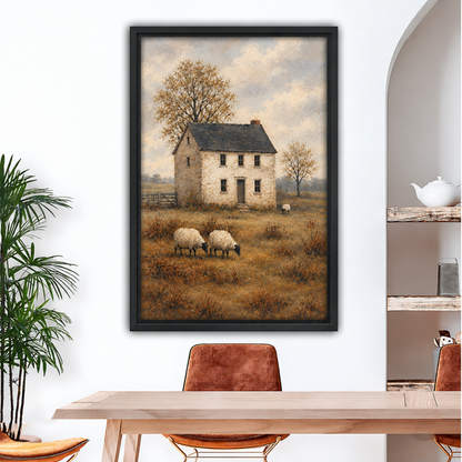 Rustic sheep farmhouse canvas wall art showing a stone cottage, grazing sheep, muted fields, and autumn trees.