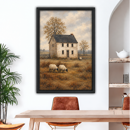 Rustic sheep farmhouse canvas wall art showing a stone cottage, grazing sheep, muted fields, and autumn trees.