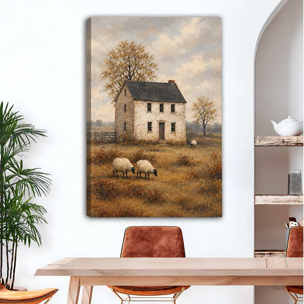 Rustic sheep farmhouse gallery-wrap canvas wall art featuring a weathered stone cottage, muted fields, bare trees, and sheep.