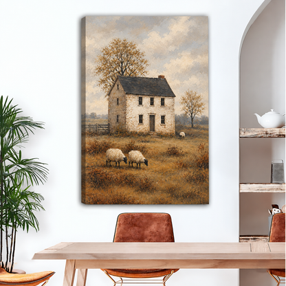 Rustic sheep farmhouse gallery-wrap canvas wall art featuring a weathered stone cottage, muted fields, bare trees, and sheep.