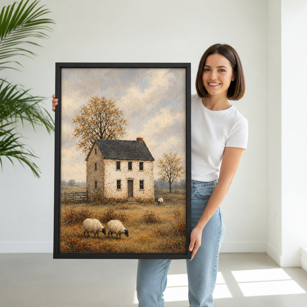 Person holding rustic sheep farmhouse canvas wall art with a peaceful stone cottage landscape and grazing sheep.