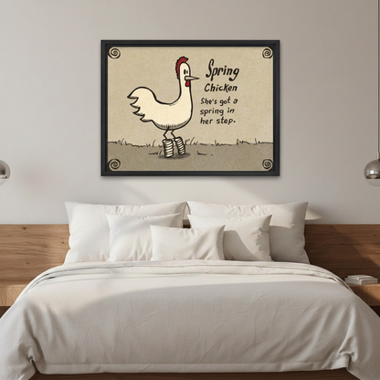  Black-framed rustic spring chicken canvas wall art displayed above white bedding and a wooden headboard.