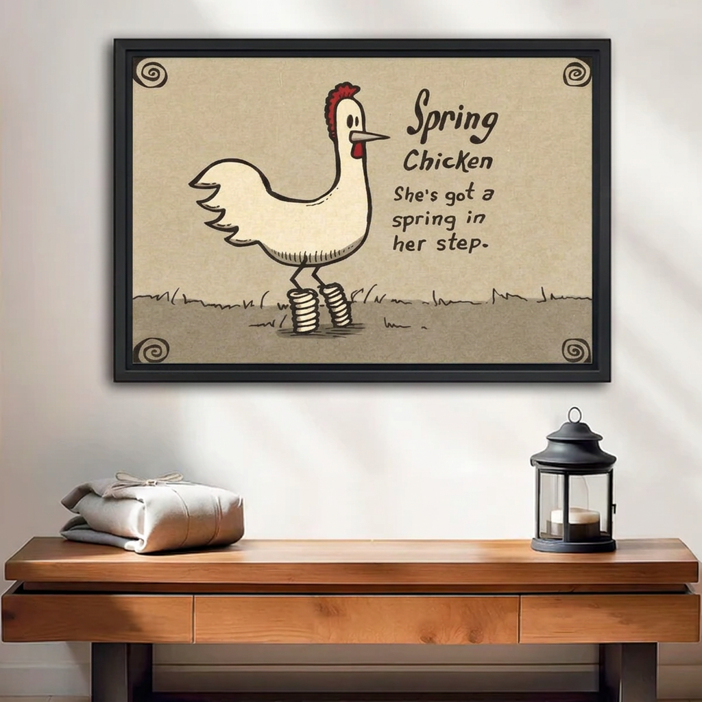 Rustic spring chicken canvas wall art in a black frame above a wooden bench beside a lantern.