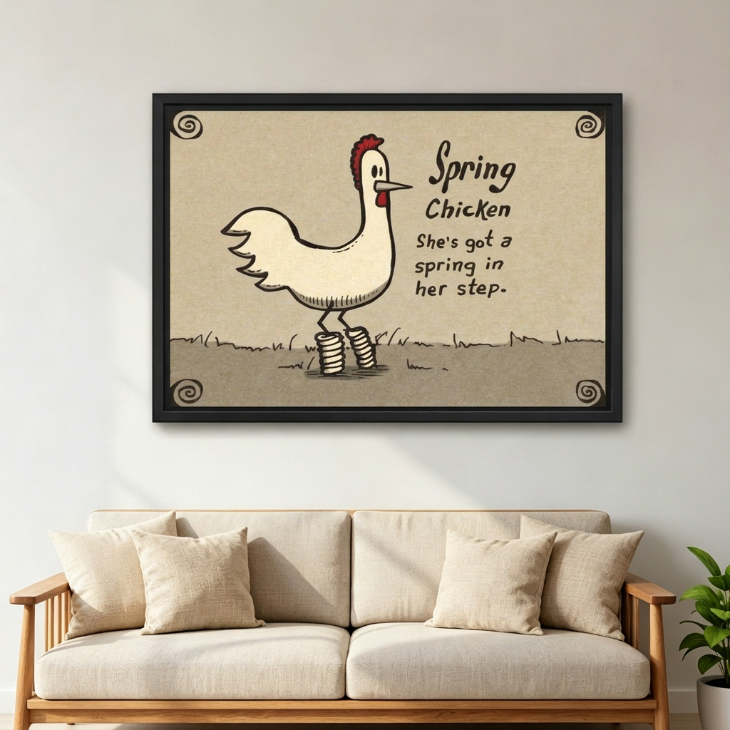 Rustic spring chicken canvas wall art in a black frame above a cream sofa beside a tall window.