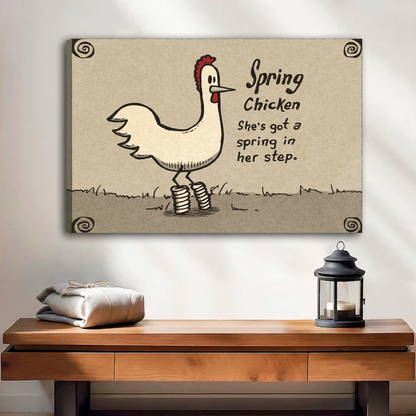 Unframed rustic spring chicken canvas wall art with a playful quote above a wooden bench and lantern.