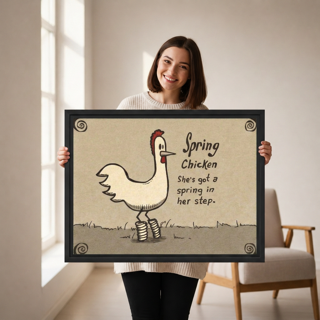 Smiling woman holding black-framed rustic spring chicken canvas wall art beside a sunlit window.