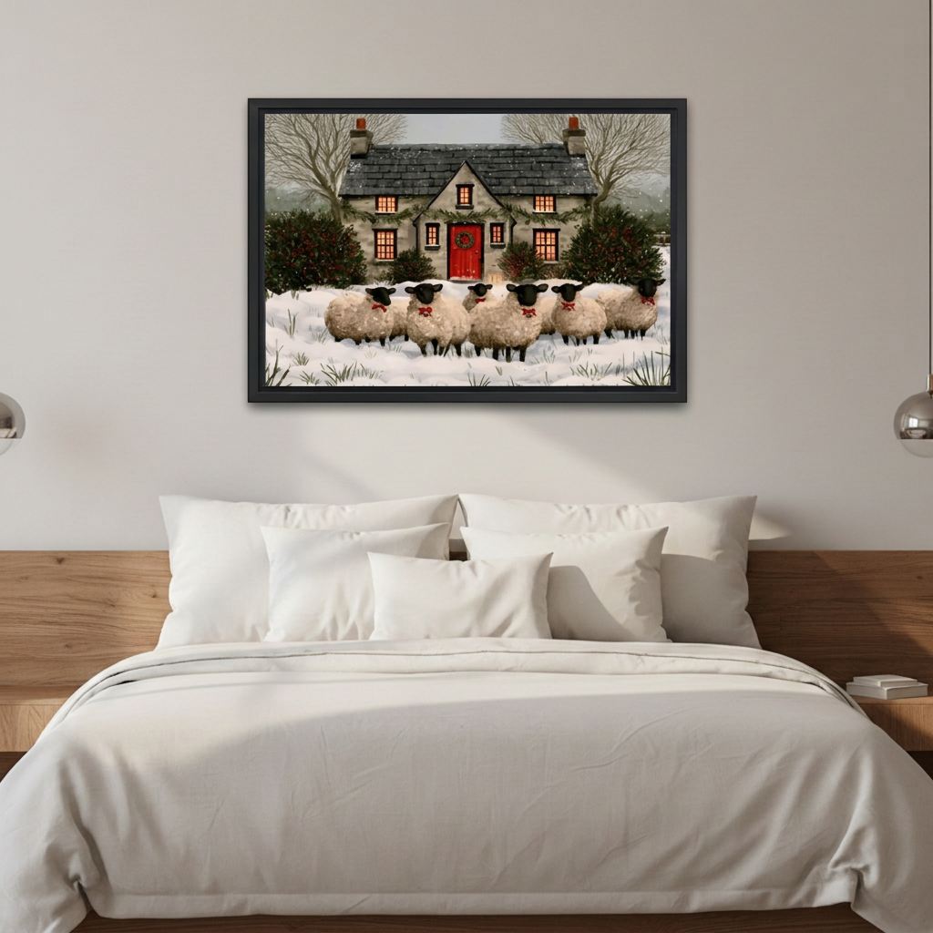 Rustic winter cottage sheep canvas wall art in a black frame above a bed with white bedding.