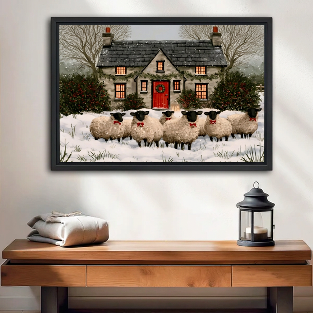 Framed rustic winter cottage sheep canvas wall art above a wooden entryway bench beside a black lantern.