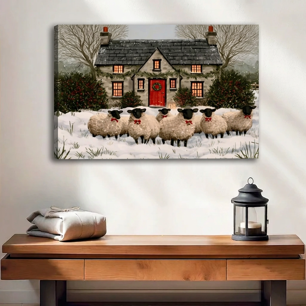 Gallery-wrapped rustic winter cottage sheep canvas wall art featuring snowy scenery, glowing windows, and a red cottage door.