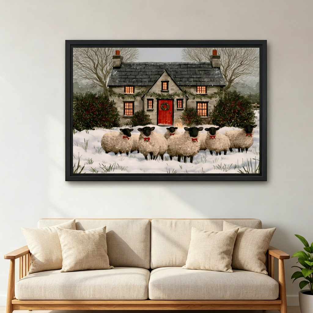  Framed rustic winter cottage sheep canvas wall art displayed above a cream sofa with wooden arms.