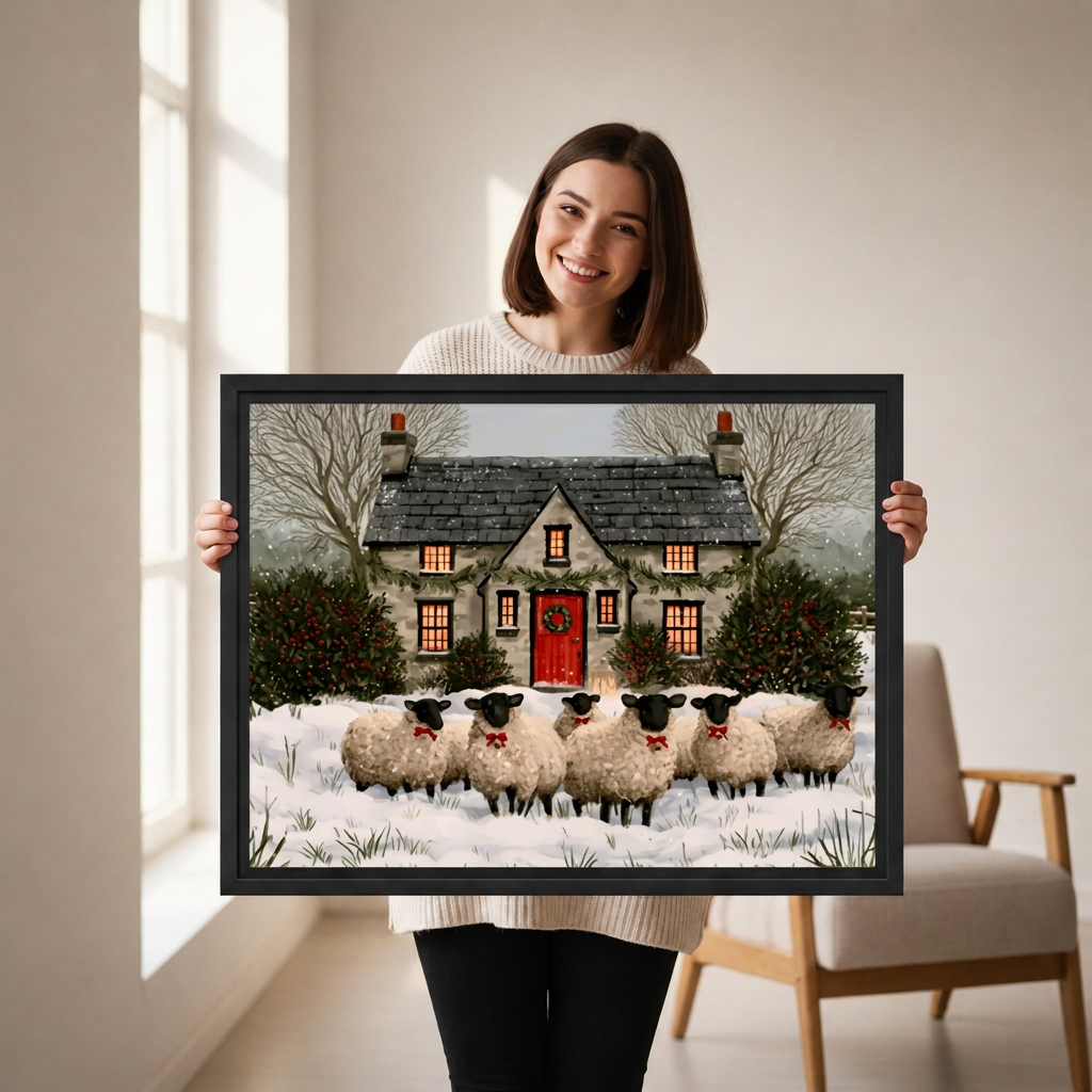 Woman holding framed rustic winter cottage sheep canvas wall art featuring sheep with red bows in the snow.
