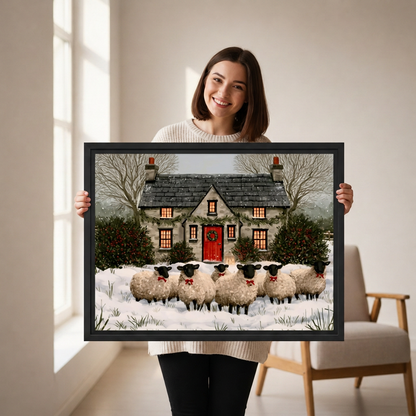 Woman holding framed rustic winter cottage sheep canvas wall art featuring sheep with red bows in the snow.