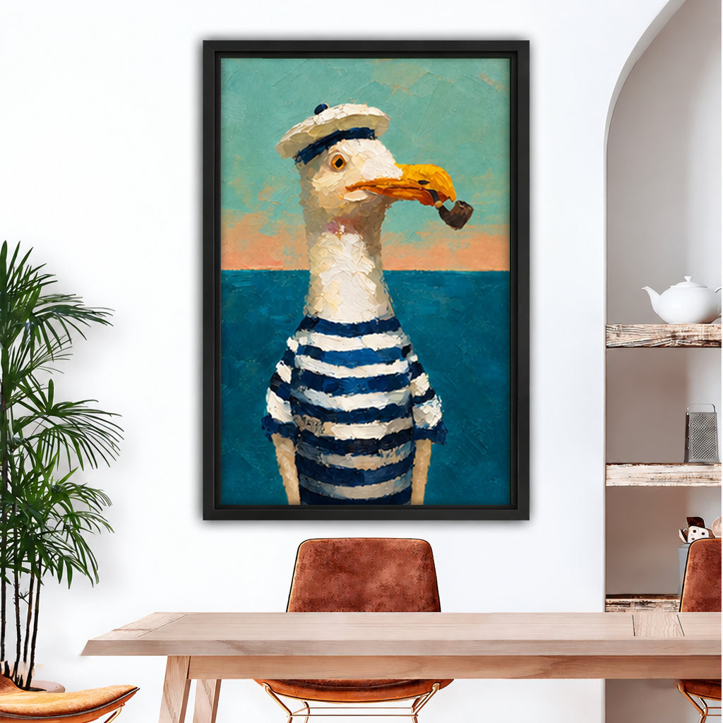 Framed painterly sailor seagull canvas wall art displayed above a wood dining table with leather chairs.