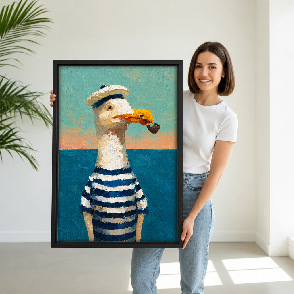 Woman holding large framed painterly sailor seagull canvas wall art with coastal sky background.