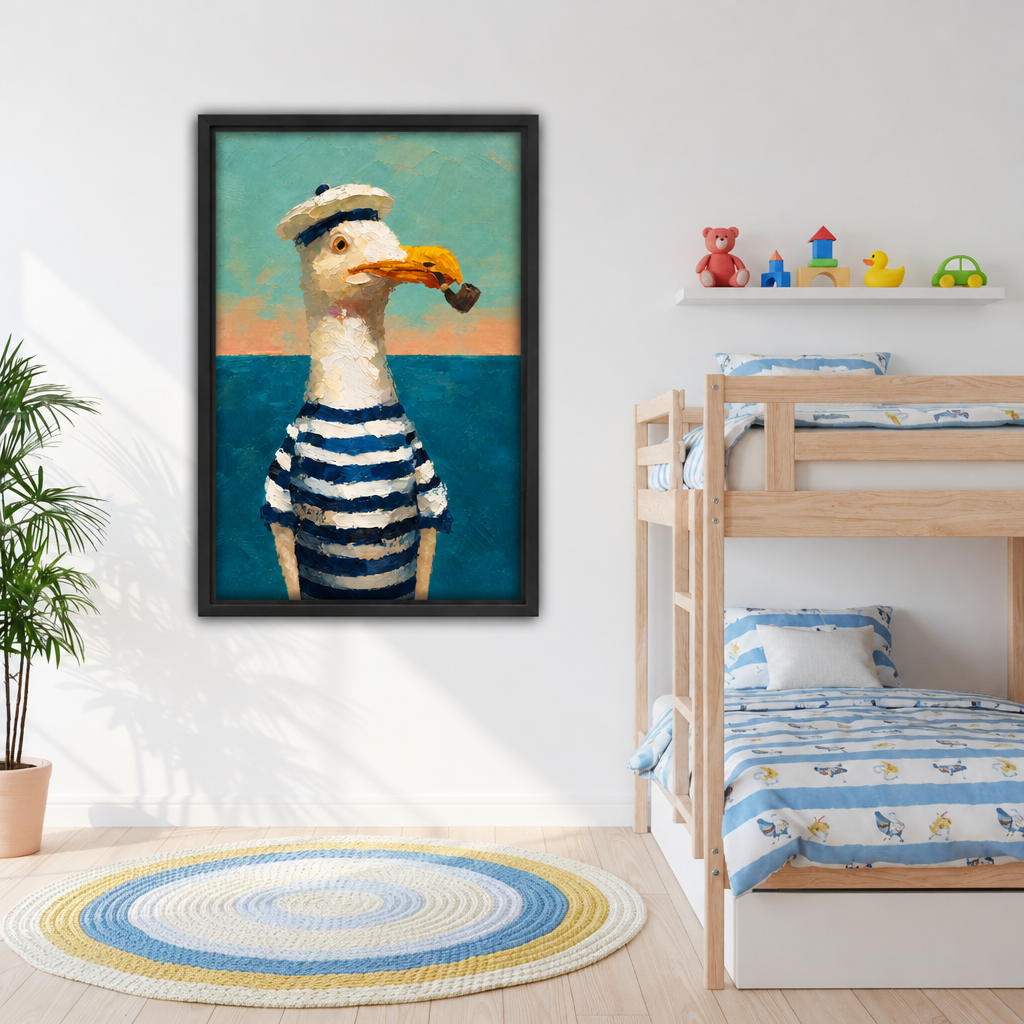 Framed painterly sailor seagull canvas wall art hanging beside a kids bunk bed with striped bedding.