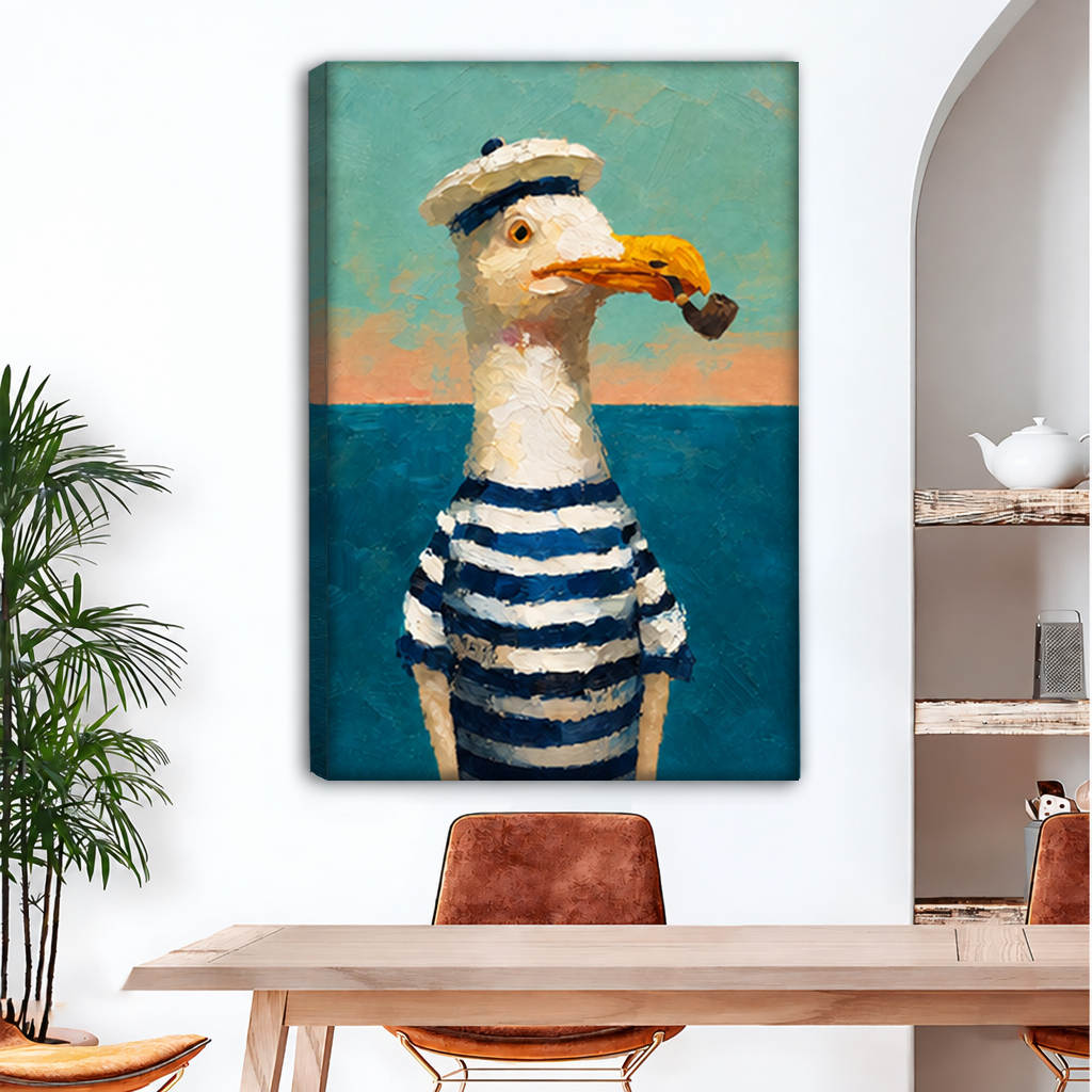 Unframed gallery-wrap painterly sailor seagull canvas wall art showing striped shirt and pipe detail.