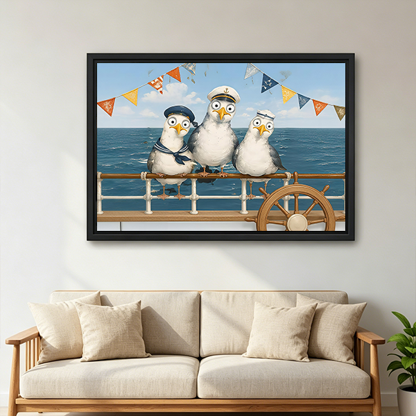 Framed sailor seagulls canvas wall art showing a cheerful nautical crew above a bed with white bedding.