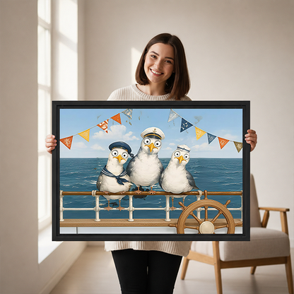 Gallery-wrap sailor seagulls canvas wall art featuring three birds and a ship’s wheel above a wooden console.