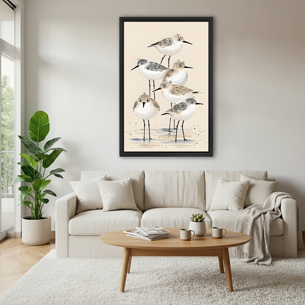 Black framed sandpiper flock watercolor wall art hung above a cream sofa in a Scandinavian living room