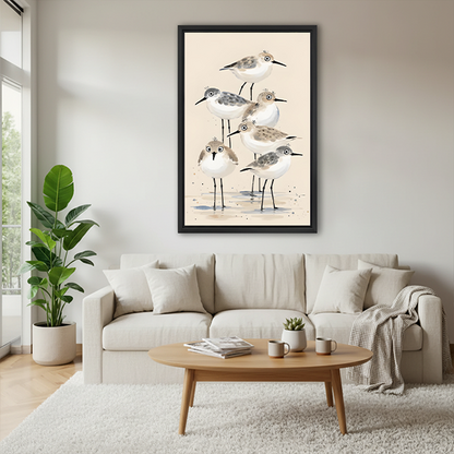 Black framed sandpiper flock watercolor wall art hung above a cream sofa in a Scandinavian living room