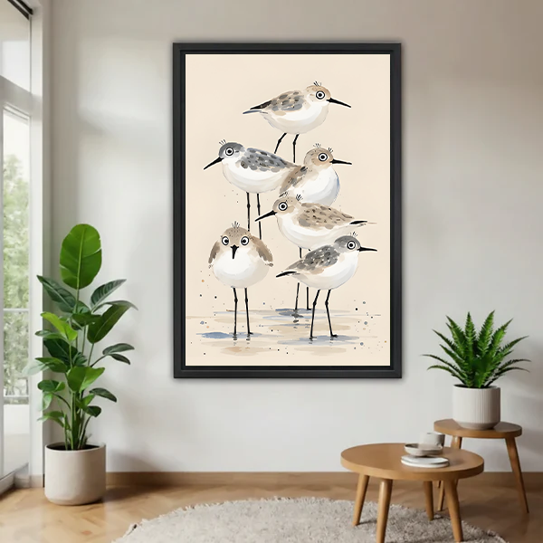 Framed watercolor sandpiper flock canvas wall art displayed in a bright living room with indoor plants