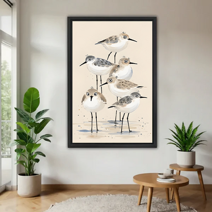 Framed watercolor sandpiper flock canvas wall art displayed in a bright living room with indoor plants