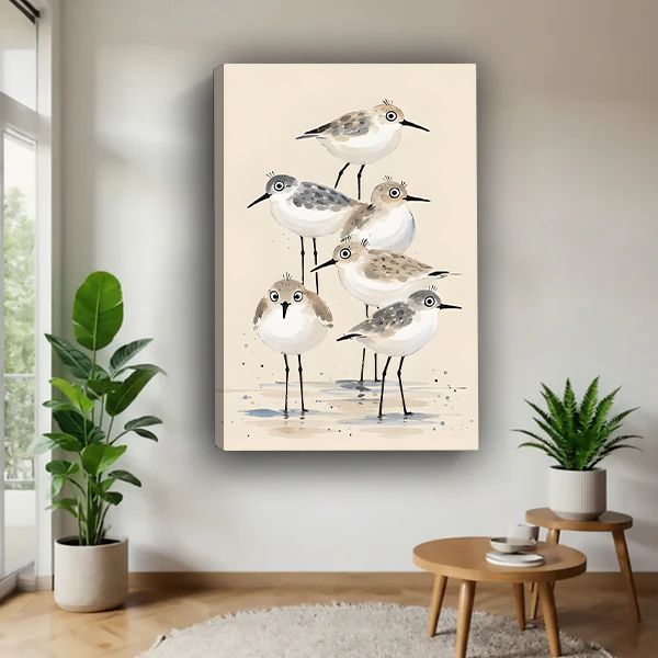 Unframed sandpiper bird watercolor canvas print hanging on a neutral wall in a modern living room