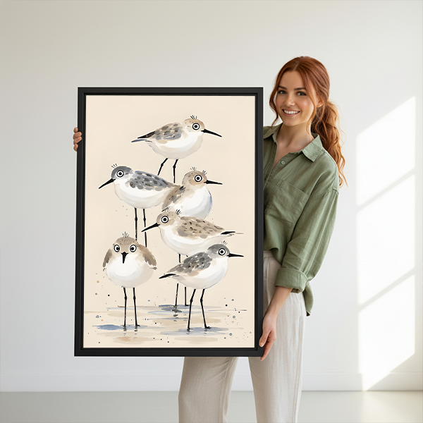Woman holding large black framed sandpiper watercolor canvas art print to demonstrate size