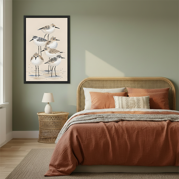 Framed sandpiper bird watercolor canvas print displayed above a rattan bed in a sage green boho bedroom