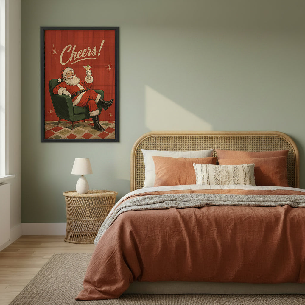 Framed Santa cocktail canvas wall art in a sage green bedroom