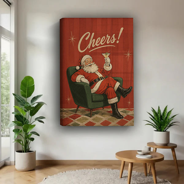 Gallery-wrap Santa cocktail canvas wall art in a bright plant-filled corner