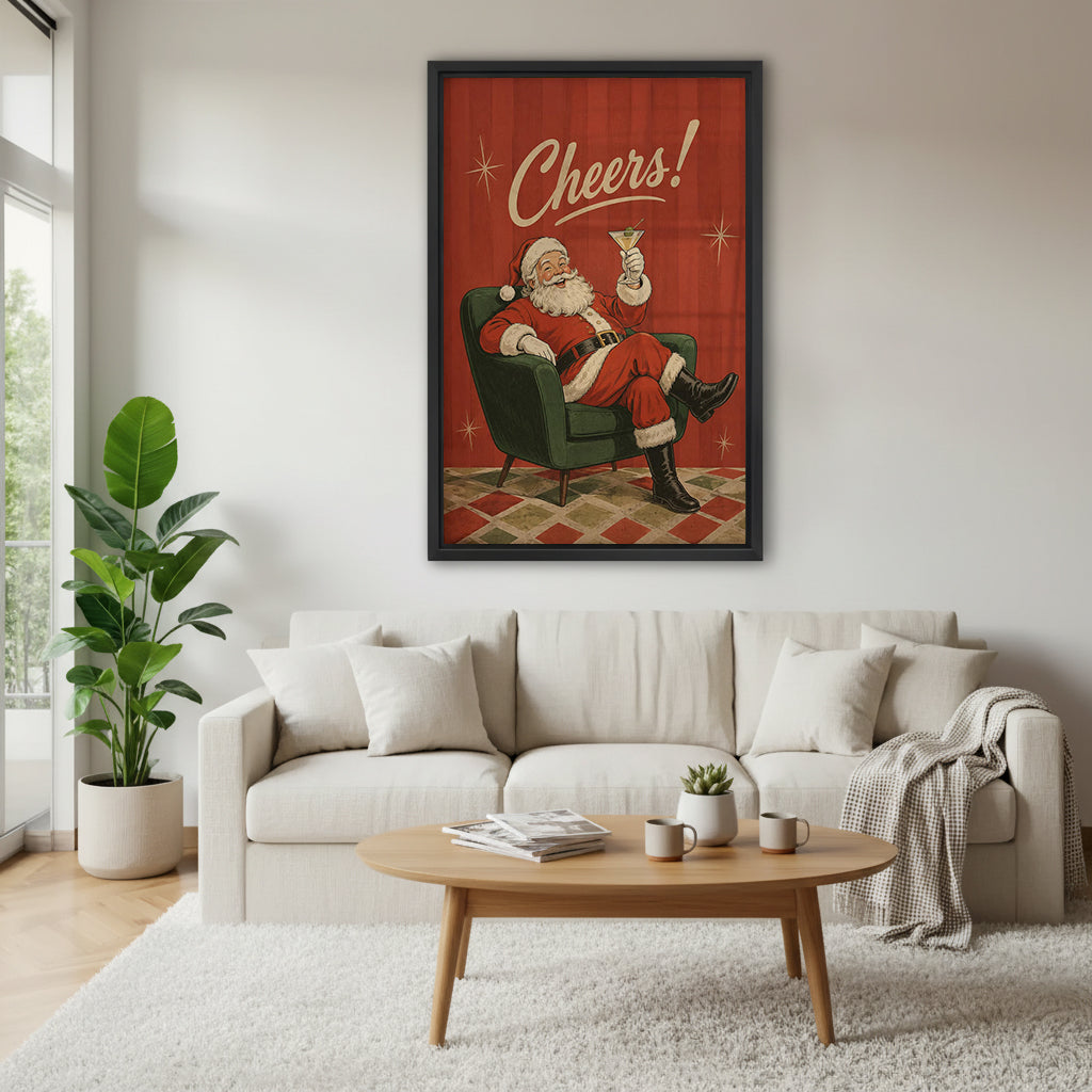 Retro Santa cocktail canvas wall art above a cream living room sofa