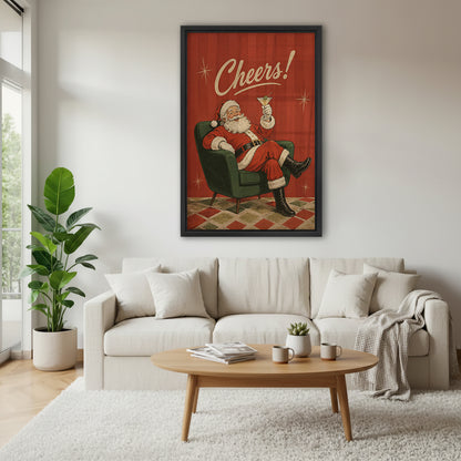 Retro Santa cocktail canvas wall art above a cream living room sofa