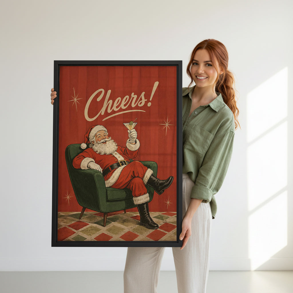 Model holding Santa cocktail canvas wall art for size reference