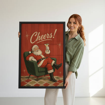 Model holding Santa cocktail canvas wall art for size reference