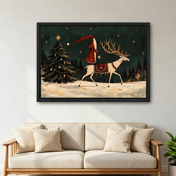 Black-framed Santa and reindeer canvas wall art with golden stars displayed above a wooden console beside a lantern.