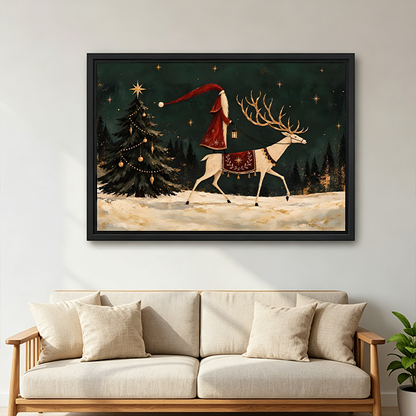 Black-framed Santa and reindeer canvas wall art with golden stars displayed above a wooden console beside a lantern.