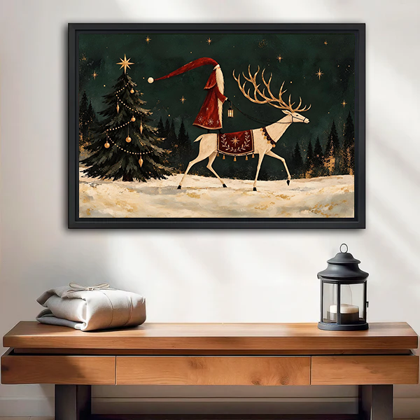 Framed Santa and reindeer canvas wall art with a starry green sky above a cream sofa with wooden arms.