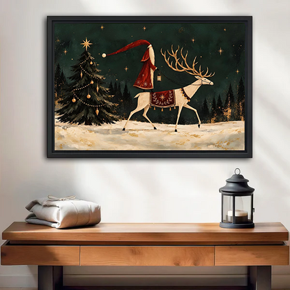 Framed Santa and reindeer canvas wall art with a starry green sky above a cream sofa with wooden arms.