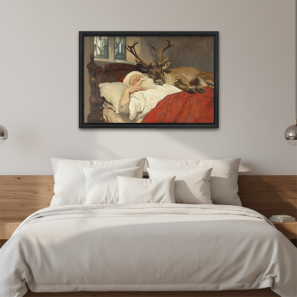 Santa and reindeer canvas wall art with warm red and cream tones, black-framed above a cream wooden-arm sofa.