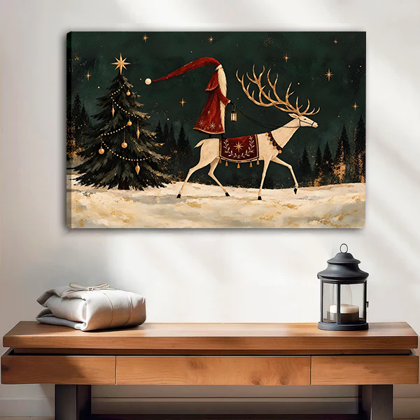 Gallery-wrap Santa and reindeer canvas wall art displayed above a wooden console with folded fabric and a black lantern.