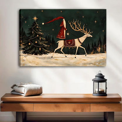 Gallery-wrap Santa and reindeer canvas wall art displayed above a wooden console with folded fabric and a black lantern.