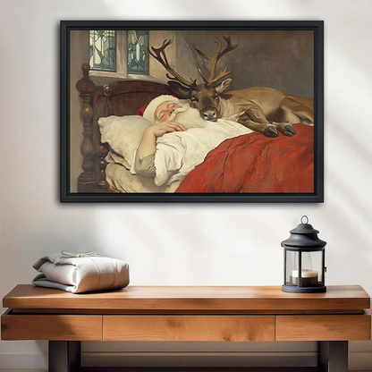 Vintage Santa and reindeer canvas wall art, unframed above a wooden console with folded blankets and a black lantern.