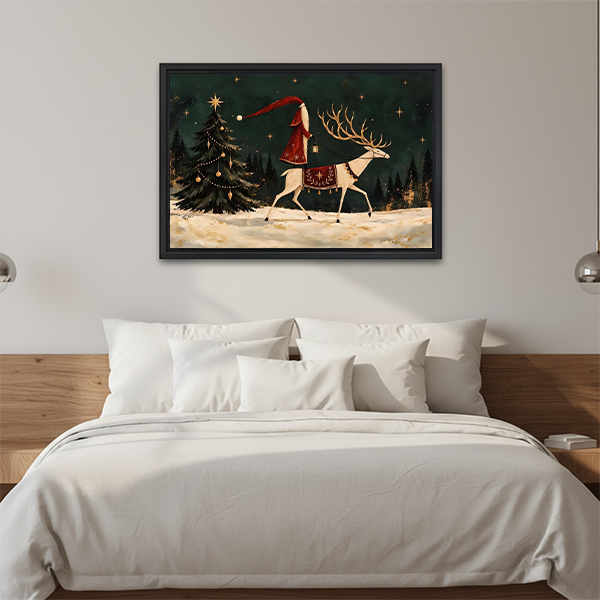 Folk art Santa and reindeer canvas wall art in a black frame above a bed with white bedding.