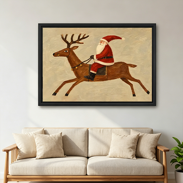 Unframed Santa riding reindeer canvas wall art with a warm cream background above a wooden console and lantern.