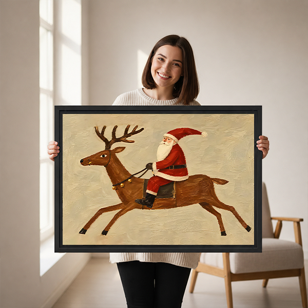Woman holding framed Santa riding reindeer canvas wall art featuring red-clad Santa and a brown reindeer on cream.